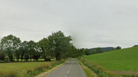 An empty road in the countryside. There are fields of grass on either side with trees in the left field. The sky above is cloudy. 
