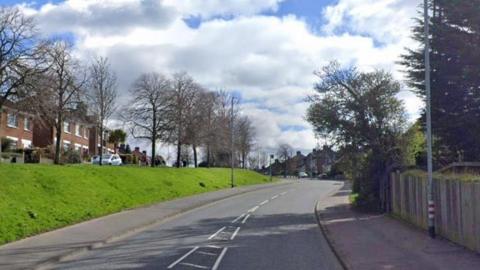 Newton Park, a road curving to the right on an incline with a grass bank lined with trees to the left. 