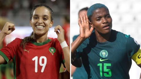 A composite image divided into two columns showing Sakina Ouzraoui in red Morocco shirt with number 19 on it smiling and raising her fists, and Rasheedat Ajibade in dark green Nigeria kit with number 15 and a yellow captain's armband cupping her right hand to her ear
