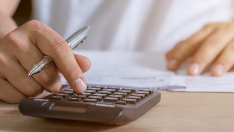 Young woman writing make notes and calculate finances.