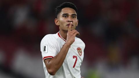 Marselino Ferdinan of Indonesia celebrates his second goal during the World Cup qualifier against Saudi Arabia 