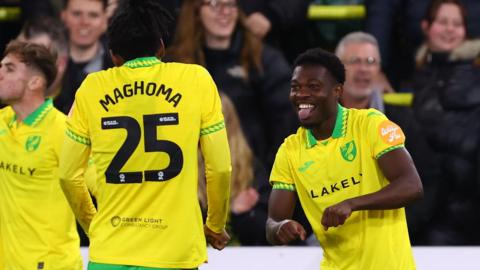 Amankwah Forson and Parius Maghoma celebrating after Norwich's winner