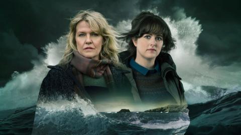 Promotional image for Shetland. Two women look into the camera against a dramatic, stormy background