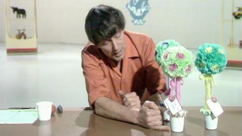 John Noakes shows handmade tissue paper shrubs.