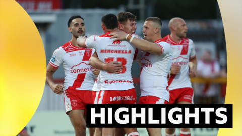 Hull Kingston Rovers' Tom Davies celebrates scoring a try