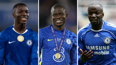 Moises Caicedo, N'Golo Kante and Claude Makelele split image