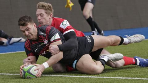 Alex Lewington scores a try for Saracens