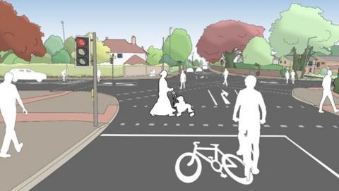 Artists impression of junction showing white outlines of cyclist waiting in cycle lane at traffic lights, a woman pushing a pushchair across the road, several people crossing the road and a car waiting at the lights. There are houses and trees in the background.