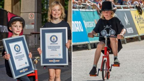 Left: Siblings Finn and Flo holding up their World Record certificates. Right: A young girl in a black bowler-style hat and shorts and t shirt rides towards the camera on a small, red penny farthing in London as crowds smile in the background behind barriers. The weather is sunny.