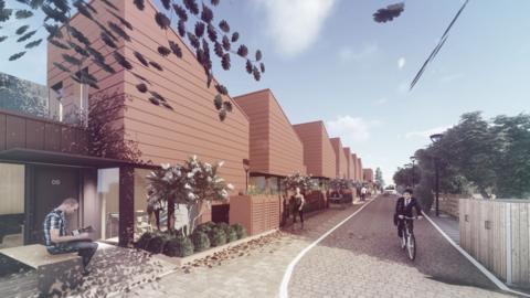 An artist's impression of a row of houses which are compact and small. The picture includes a person on a bike and a man reading a book while sat on a bench 