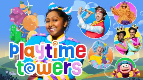 Playtime Towers logo with Bella in front, Patch, Kingsley and Queenie, Patch, Hettie, Tincy and Sketch floating nearby in bubbles.
