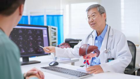 A man in a white doctor's coat is sitting behind a white desk pointing at his screen and holding a model of a liver. He is looking at a man across from him who is slightly out of frame.
