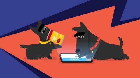 Illustration of two dogs. One is using a mobile phone - looking at the internet. The other dog has a dog food can in it's mouth.