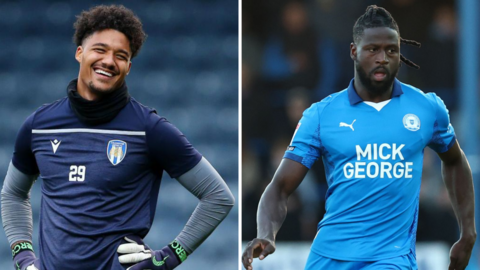 Left: Shamal George standing with hands on hips laughing, wearing Colchester United goalkeeping training top and gloves.
Right: Jacob Mendy running on the pitch wearing blue Peterborough United kit.