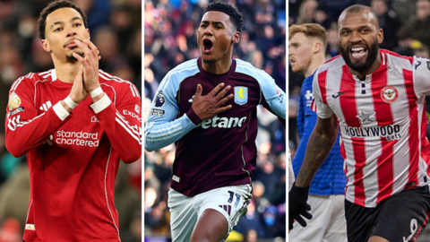 A split picture showing Liverpool striker Hugo Ekitike, Aston Villa striker Ollie Watkins and Igor Thiago of Brentford