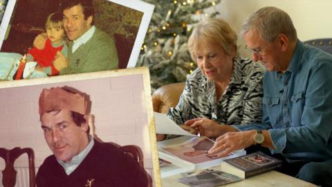 A couple looking through a photo album, two photos of a middle aged man are superimposed over the image