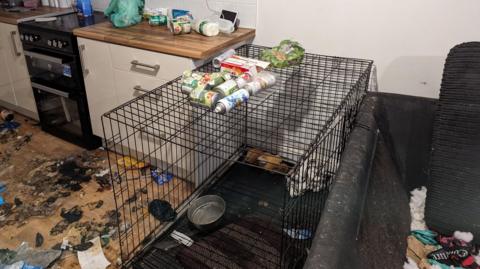 A dog cage in the corner of a dirty kitchen. To the right of the kitchen there is the corner of a dismantled black sofa. The stuffing has been pulled from it  and is strewn where the cushions should be. There are tins of dog food on scattered on top of the cage and across the kitchen worktop. The kitchen floor, to the left of the image is covered in dog faeces and other litter.