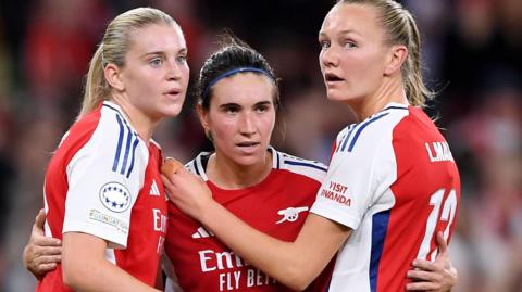 Arsenal's Mariona Caldentey celebrates scoring with Alessia Russo and Frida Maanum during Uefa Women's Champions League match against Valerenga at Emirates Stadium