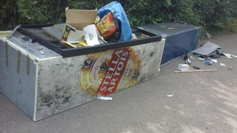 Waste dumped on country lane, including big beer fridges and generic rubbish