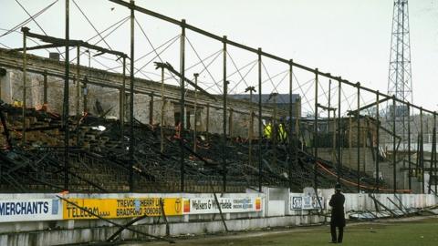 A general view of the burnt out stands in the wake of the disaster at the Bradford City ground.