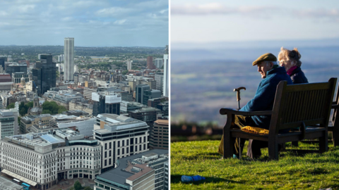 A composite of two images: on the left, a view of Birmingham's skyline with an array of urban buildings and skyscrapers. On the right: two elderly people sit on a bench on a hill in Shropshire, overlooking miles of green land.