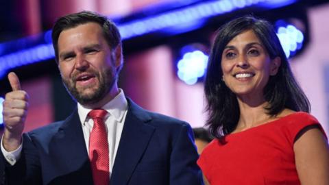 JD and Usha Vance and 2024 Republican vice presidential candidate J.D. Vance and his wife Usha Vance stand on stage on the last day of the 2024 Republican National Convention in Milwaukee, Wisconsin, on 18 July 2024