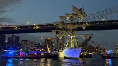 A Mexican Navy ship is seen after crashing into the Brooklyn Bridge