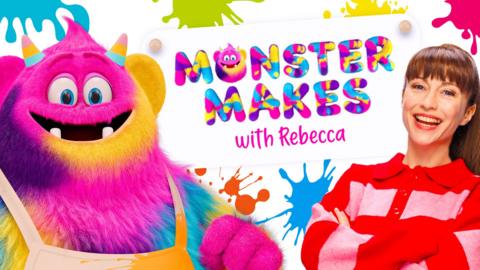 Monster Murphi wearing an apron and Rebecca Keatley looking happy next to a sign that says 'Monster Makes'.