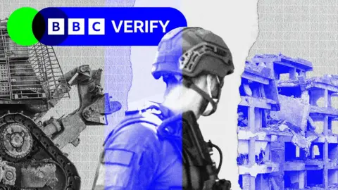 Graphic showing back of a soldier's head. He's wearing a helmet and is armed. To the left of him is a shelled building and to the right is some debris. 