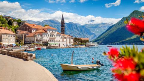 Scenic panorama view of the historic town of Perast at famous Bay of Kotor with blooming flowers on a beautiful sunny day with blue sky and clouds in summer, Montenegro