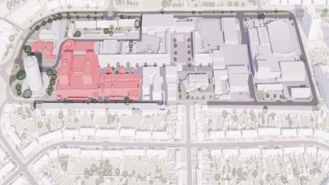 A plan of the centre of Bellingham with the area threatened with demolition in red