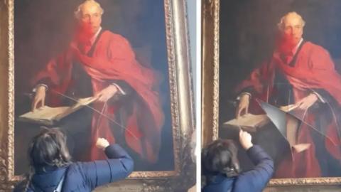 Two pictures of an unknown person vandalising a portrait. There are slash marks and red paint on it. The person, who has dark hair and is wearing a blue puffer jacket and backpack, is using a blade.