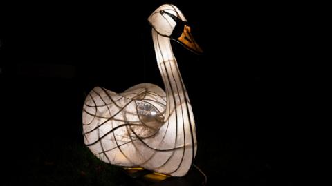 Photograph of a lit up swan on Brecon and Monmoutshire canal