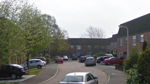 A Google streetview image of a cul de sac with terraced houses, trees lining the pavement and cars half parked on the pavement.