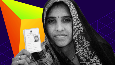 A woman shows her ID