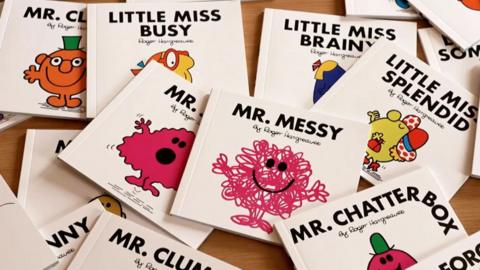 A selection of the Mr Men and Little Miss book covers, including Mr Messy, Little Miss Busy and Little Miss Splendid, with some text reading 