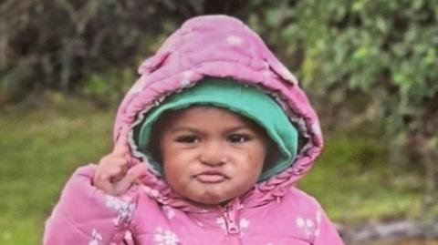 A toddler wearing a pink coat with the hood up. 