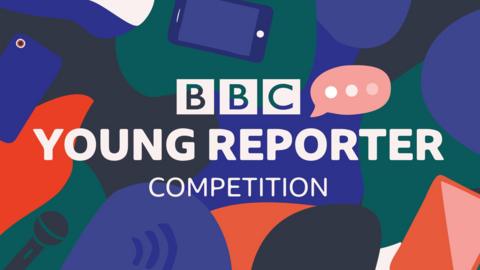 BBC Young Reporter logo. Illustrated items, such as a mobile phone, a microphone, and a tablet appear on a dark blue background.