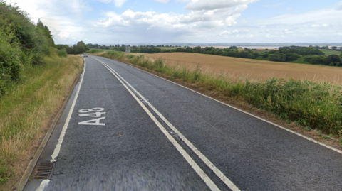 A stretch of the A48 near Tidenham. There are fields on the right hand side and bushes on the left.