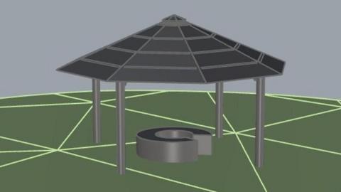 A computer-generated image of an open-sided pavilion. It features a multi-sided dark roof supported by several vertical columns, with circular seating beneath the canopy. The ground is illustrated in green with light-coloured geometric guide lines.