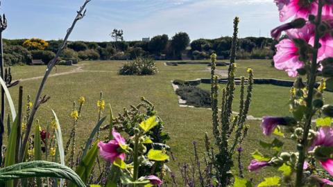 A view from above of the sunken garden with pink and yellow flowers in the foreground overlooking grass and shrubs 