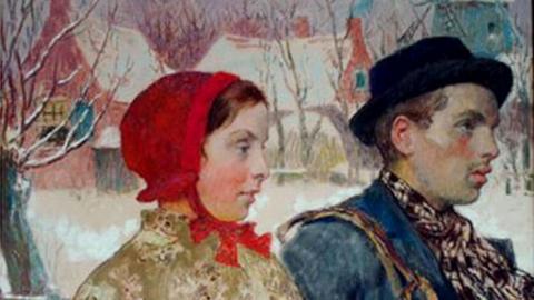The painting shows a man and a woman walking in winter