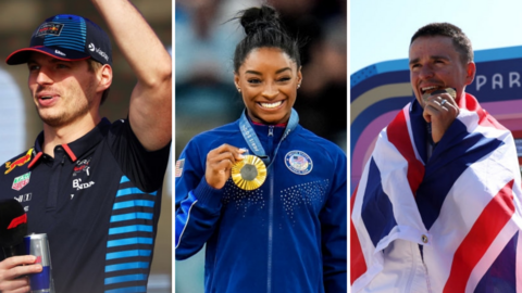 Max Verstappen, Simone Biles and Tom Pidcock celebrate their respective achievements