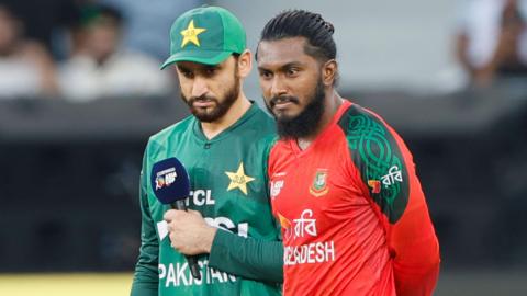 Pakistan's Salman Ali Agha and Bangladesh's Jaker Ali at an Asia Cup match in 2025