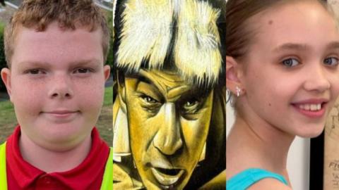 Three images edited together. On the left is a young boy, part of a street art image of a man is in the middle, and on the right is a young girl 