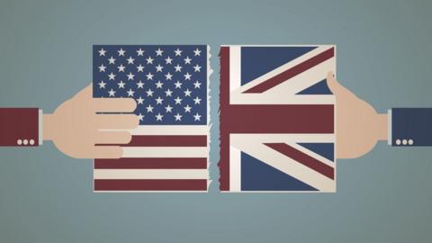 The US and UK flags being pulled apart
