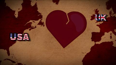 A heart showing a crack above the Atlantic ocean between the UK and US on a map.