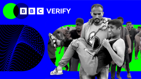 Image compilation of injured Palestinian being carried with Verify logo and branding underlaid