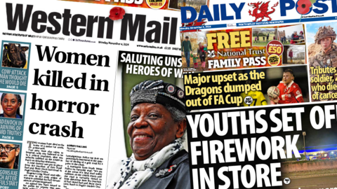 Front page of the Western Mail with the headline Women killed in horror crash and the Daily Post Youth set firework off in store