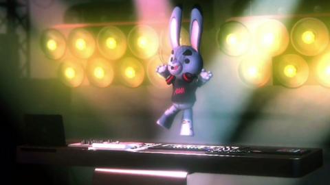 A virtual 3D rabbit jumps in the air while playing a keyboard